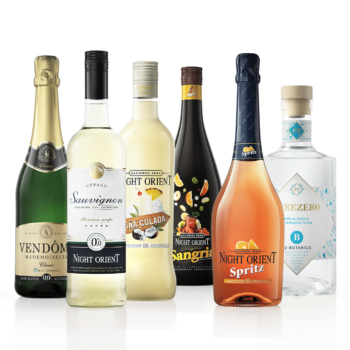 Image des différentes bouteilles de la box : Classic Pétillant Vendôme Mademoiselle, Sauvignon Night Orient, Sangria Night Orient, Spritz Night Orient et PVREZERO Alternative to Sprits Gin